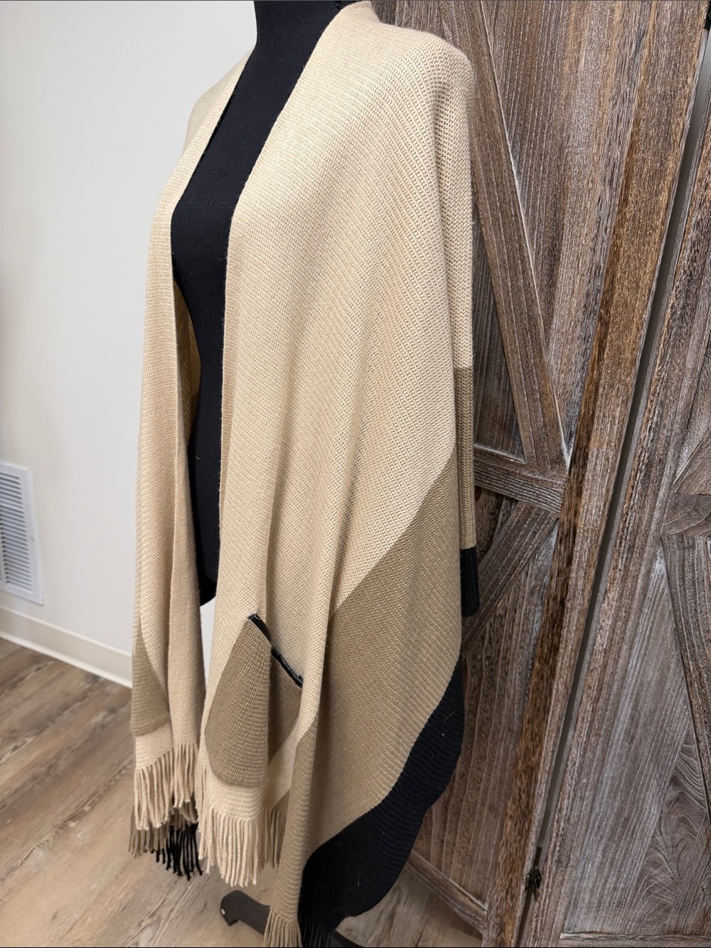Neutral Two-Tone Fringe Open-Front Poncho Wrap